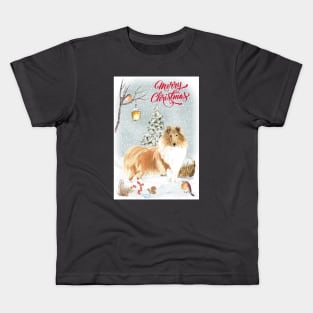 Rough Collie Dog Merry Christmas Santa Dog Kids T-Shirt